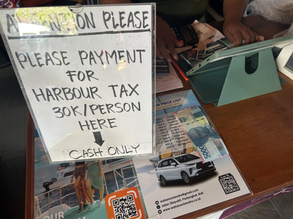 Bali to Gili with Kids harbour tax at Padangbai
