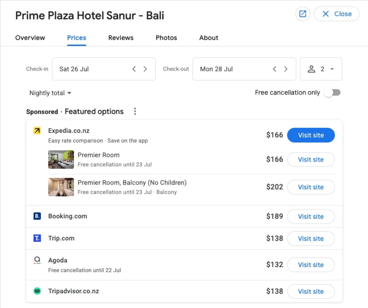 incognito mode hotel price search with google