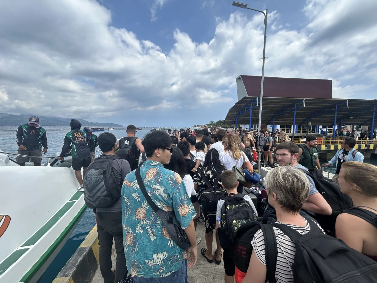 Bali to Gili with Kids Gili Trawangan harbour arrival with lots of travellers