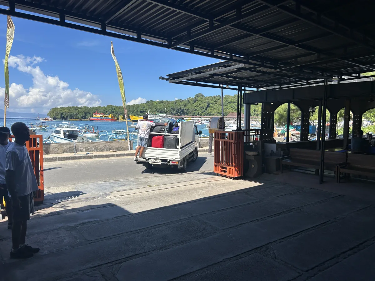 Bali to Gili with Kids: Wahana Virendra office in Padangbai Luggage loading