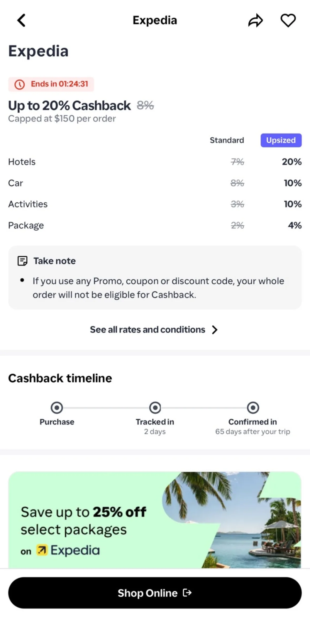 ShopBack New Zealand offer: a special "upsized cashback" rate of 20% for Expedia