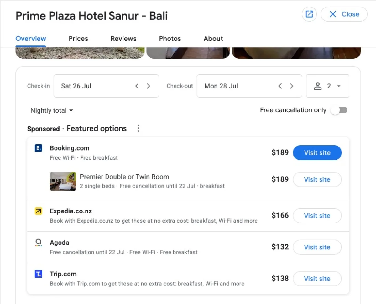 Normal hotel price search with google