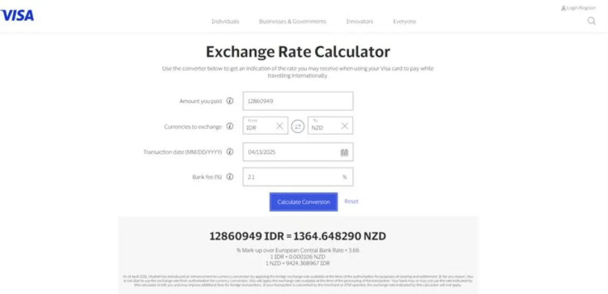 Visa exchange rate calculator