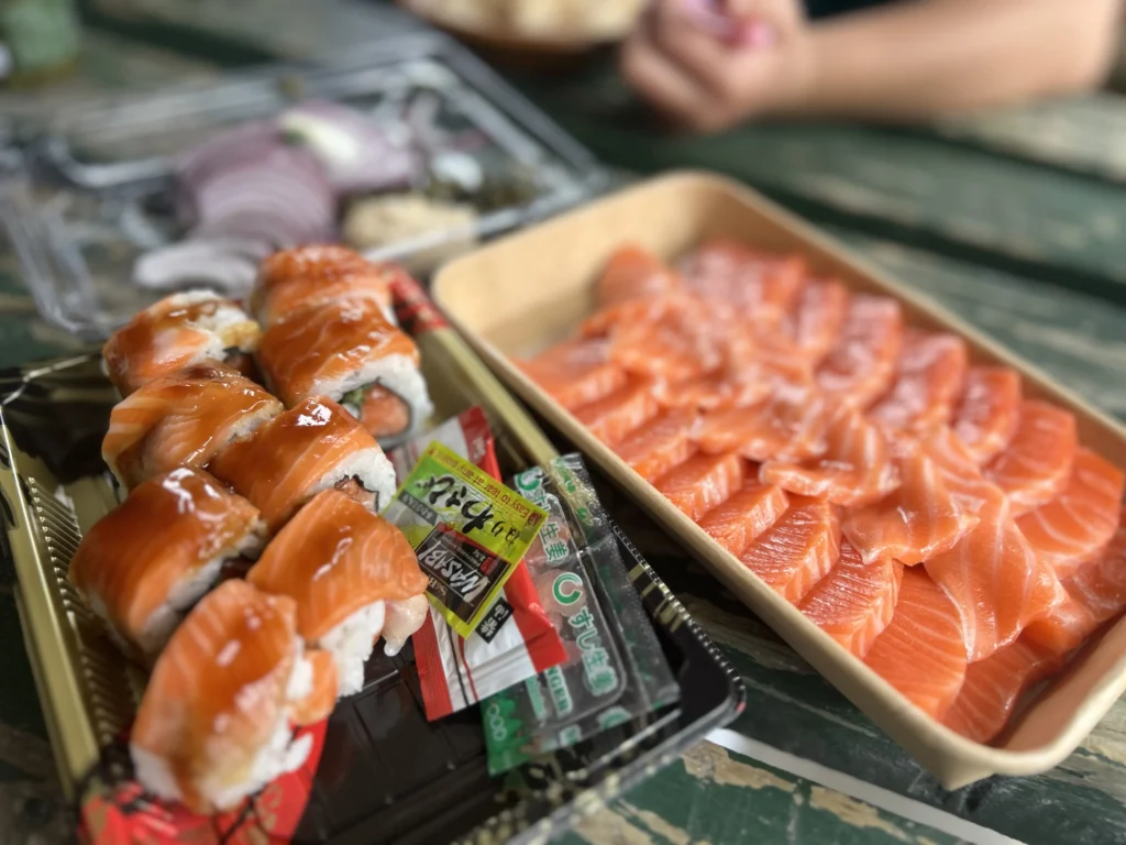 Takeaway salmon sashimi from High Country Salmon farm near Twizel, South Island New Zealand