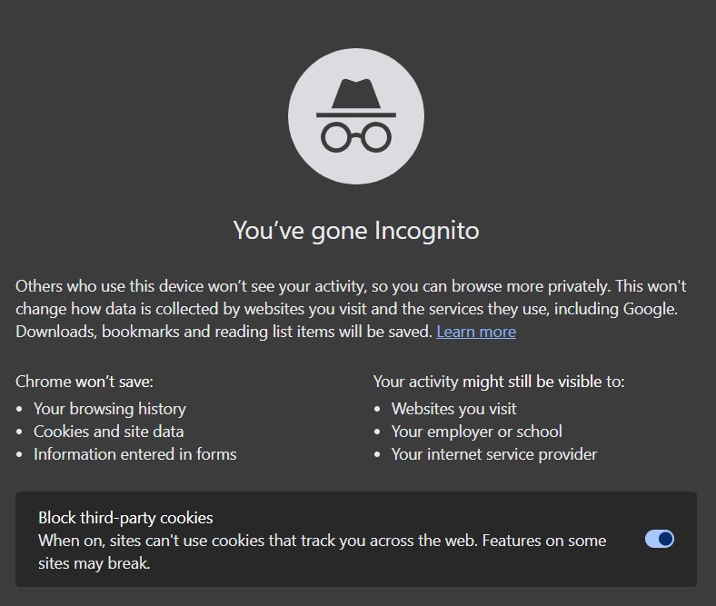 Google incognito mode screenshot