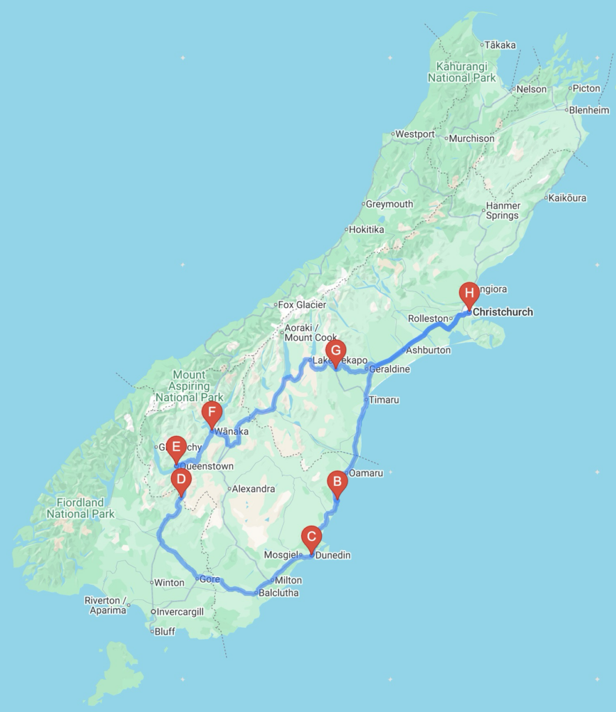 Map of South Island New Zealand showing road trip route from Christchurch through Dunedin, Queenstown, Wanaka to Fairlie