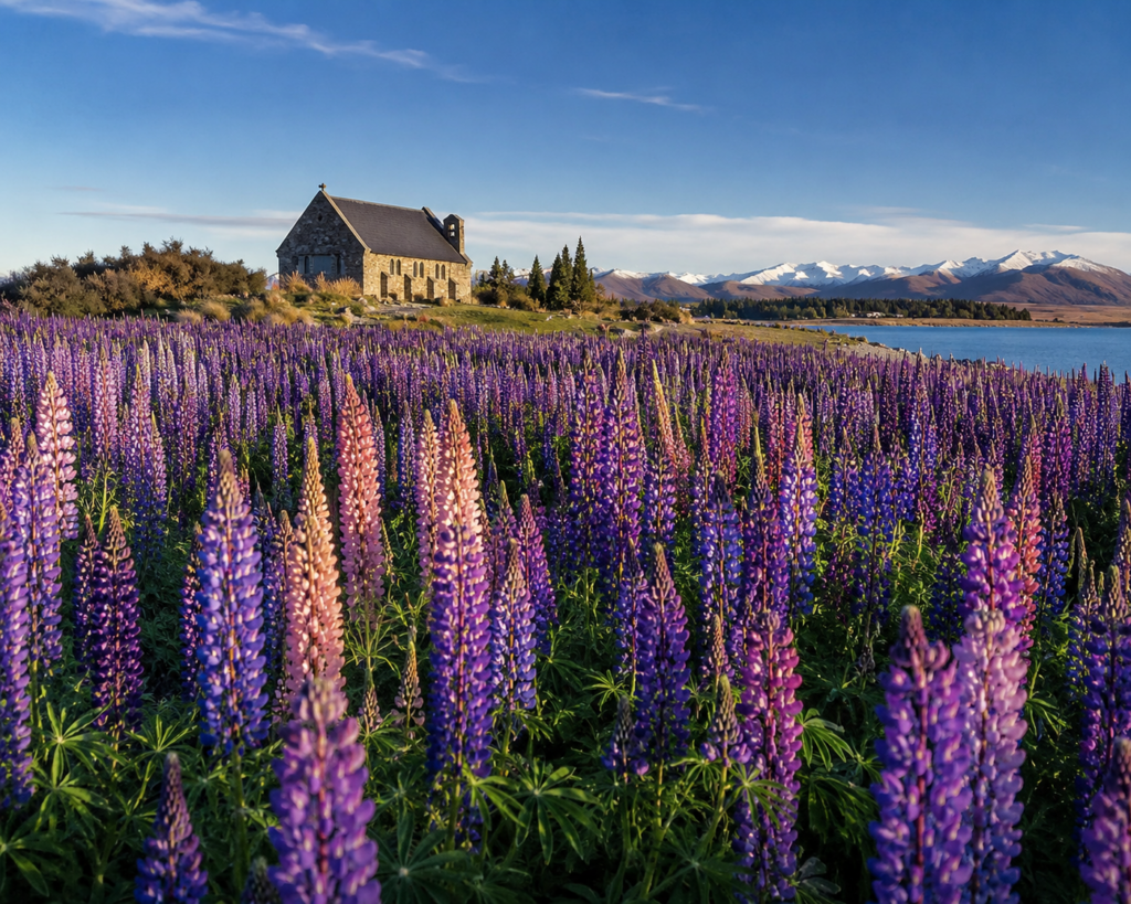 a sea of purple and pink lupins framing the Church of the Good Shepherd, turquoise water behind, snow-capped mountains above.