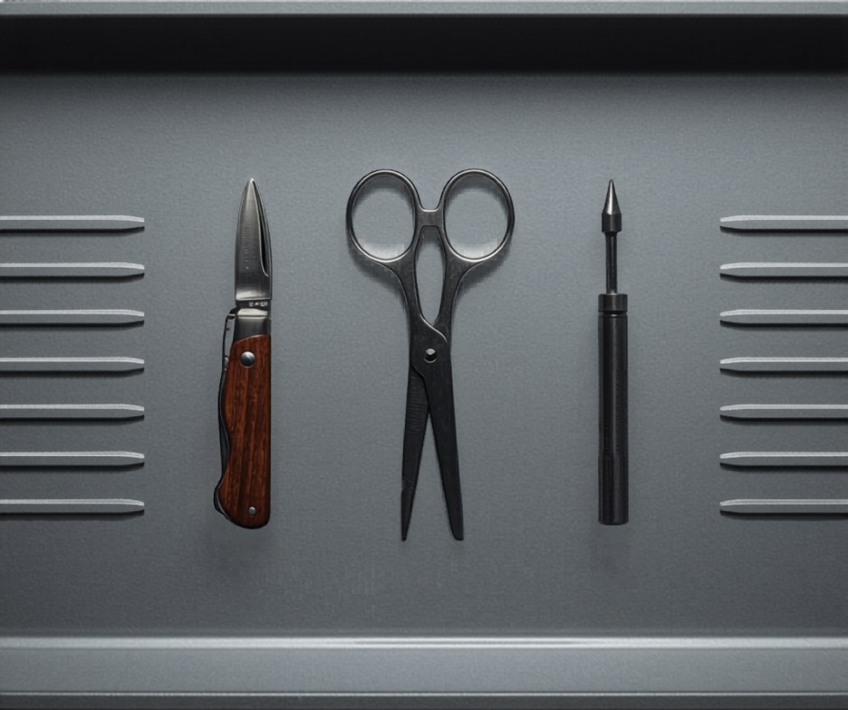 NZ airport confiscation rules for blades — pocket knife and scissors in airport security tray