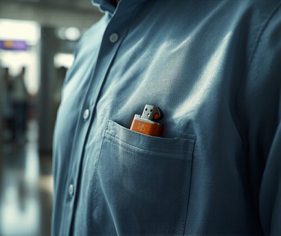 NZ airport confiscation rules for lighters — BIC lighter in shirt pocket at airport checkpoint
