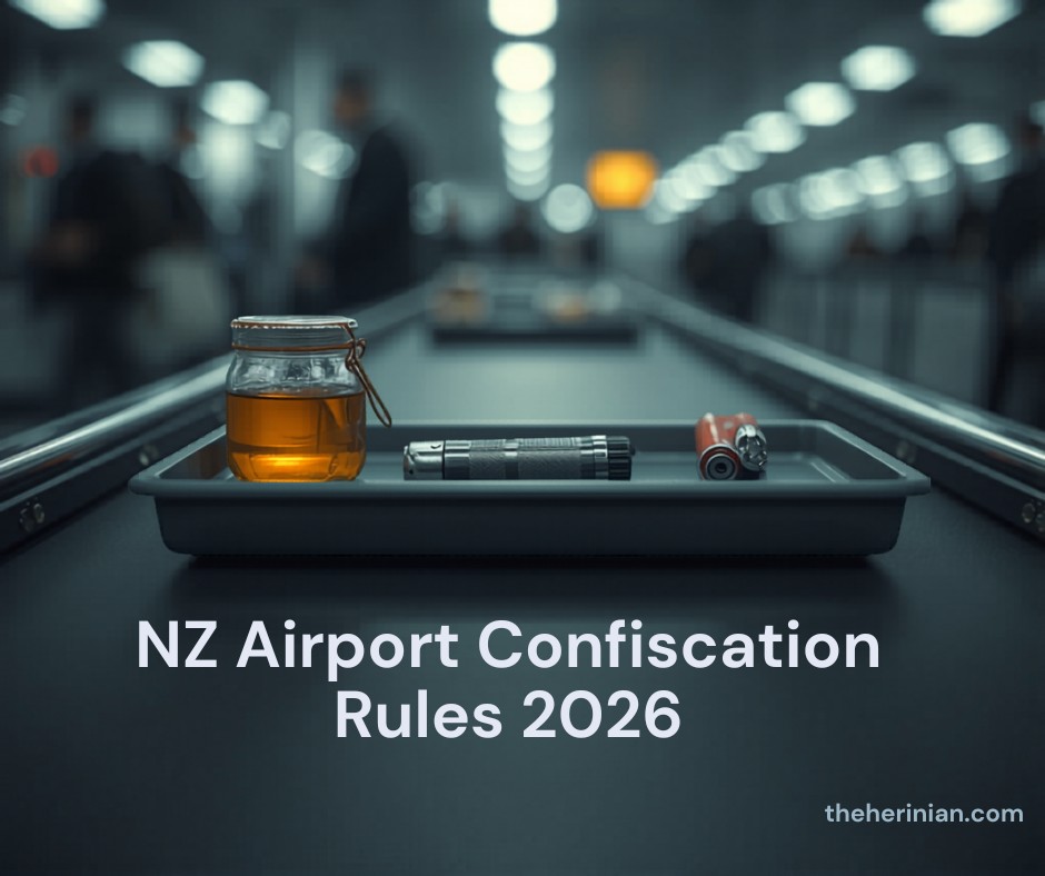 NZ airport confiscation rules 2026 — airport security tray with items ready for X-ray screening
