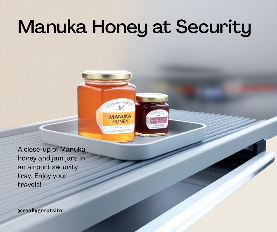 NZ airport confiscation rules for honey — Manuka honey jar in airport security tray
