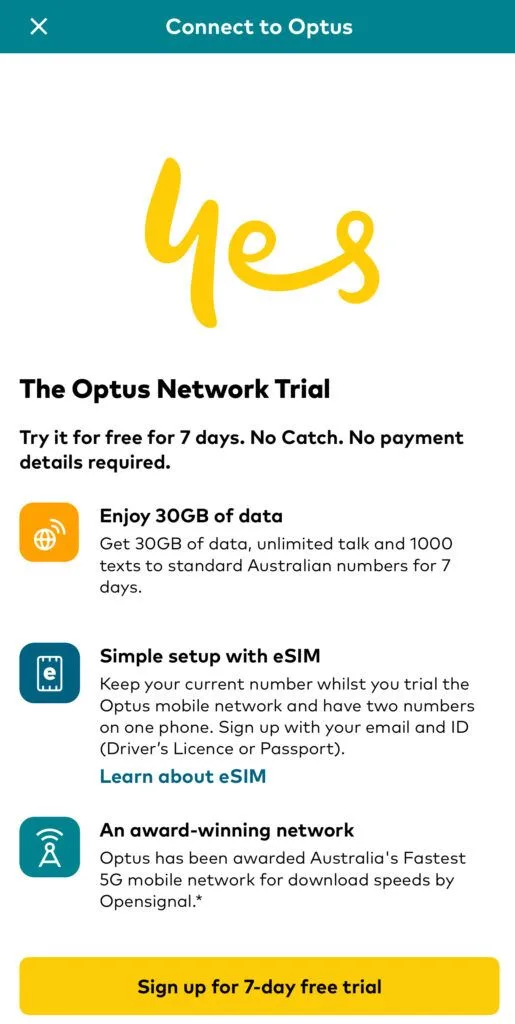 Budget Travel Australia hack: optus app 7 day free trial