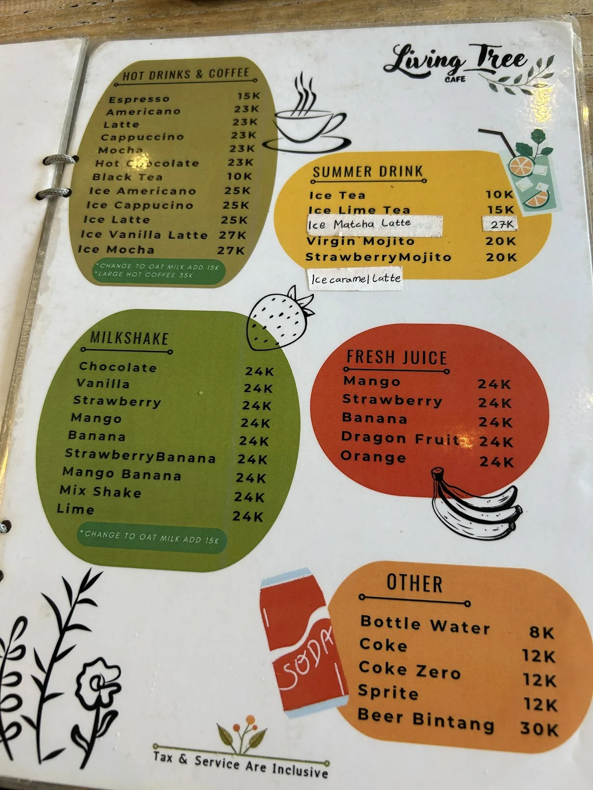 Living Tree Cafe drink menu